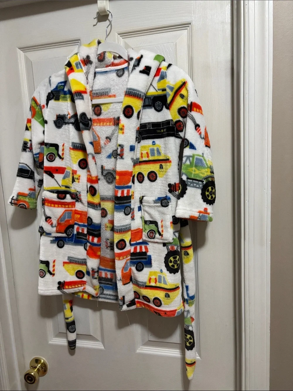 Kids' White Fleece Robe with Colorful Rescue Vehicle Print